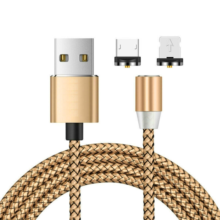 2 in 1 USB to 8 Pin + Micro USB Magnetic Metal Interface Nylon Braided Charging Cable Length: 1m (Gold)