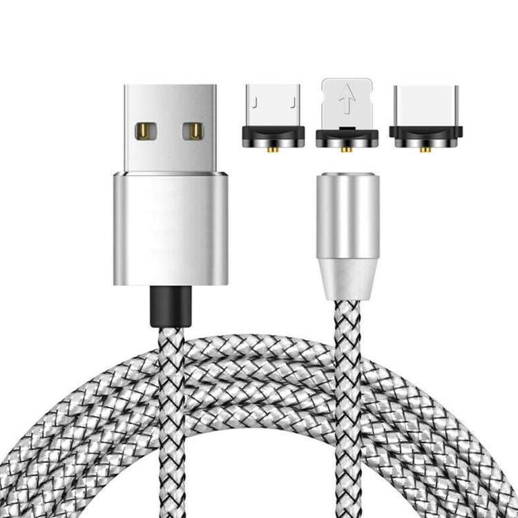 3 in 1 USB to 8 Pin + Type-C / USB-C + Micro USB Magnetic Metal Interface Nylon Braided Charging Cable Length: 1m (Silver)