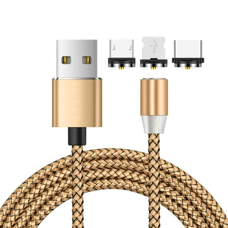 3 en 1 USB a 8 Pines + Tipo-C / USB-C + Micro USB Interfaz de metal Magnético Cable de Carga trenzado de Nylon Longitud: 1 m (Dorado)
