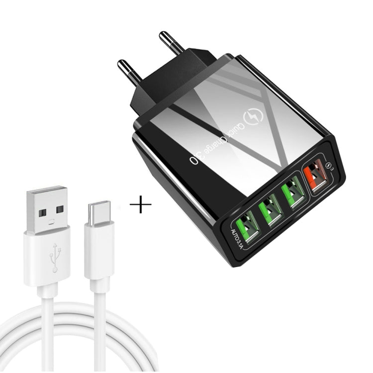 2 in 1 USB to USB-C / Type-C Data Cable + 30W QC 3.0 4 USB interfaces Mobile Phone Tablet PC Universal Fast Charger Travel Charger Set EU Plug