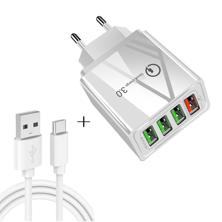 Câble de données 2 en 1 USB vers USB-C / Type-C + 30 W QC 3.0 4 interfaces USB pour téléphone portable, tablette PC, chargeur rapide universel, chargeur de voyage, prise UE (blanc)