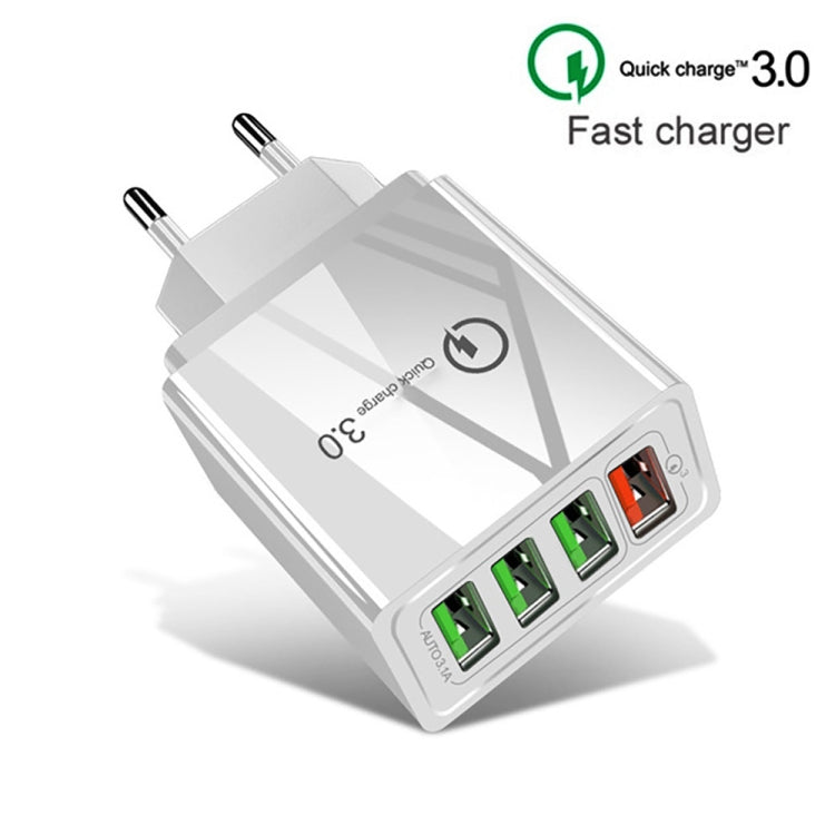 2 in 1 USB to USB-C / Type-C Data Cable + 30W QC 3.0 4 USB Interfaces Mobile Phone Tablet PC Universal Fast Charger Travel Charger Set EU Plug (White)
