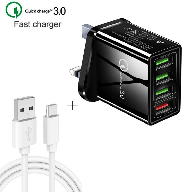 2 in 1 1m USB to USB-C / Type C Data Cable + 30W QC 3.0 4 USB Interfaces Mobile Phone Tablet PC Universal Fast Charger Travel Charger Set UK Plug (Black)
