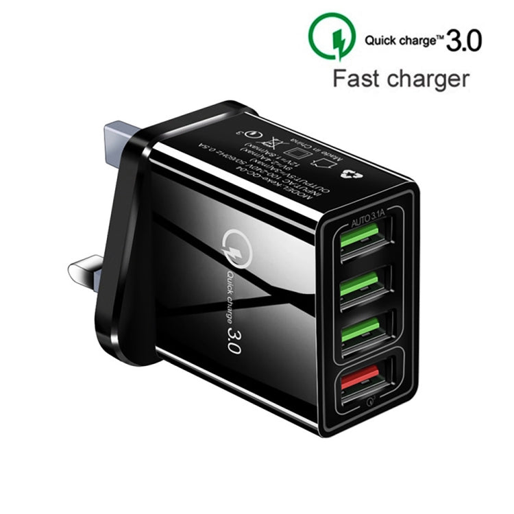 2 in 1 1m USB to USB-C / Type C Data Cable + 30W QC 3.0 4 USB Interfaces Mobile Phone Tablet PC Universal Fast Charger Travel Charger Set UK Plug (Black)