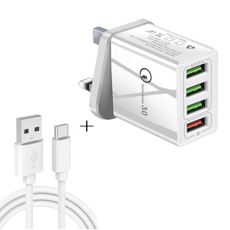 2 in 1 1m USB to USB-C / Type-C Data Cable + 30W QC 3.0 4 USB Interfaces Mobile Phone Tablet PC Universal Fast Charger Travel Charger Set UK Plug (White)