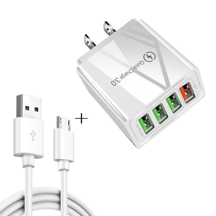Câble de données USB vers micro USB 2 en 1 de 1 m + 30 W QC 3.0 4 interfaces USB pour téléphone portable, tablette PC, chargeur rapide universel, chargeur de voyage, prise US (blanc)