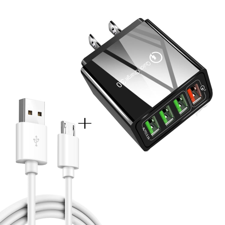 2 in 1 1m USB to Micro USB Data Cable + 30W QC 3.0 4 USB Interfaces Mobile Phone Tablet PC Universal Fast Charger Travel Charger Set US Plug (Black)