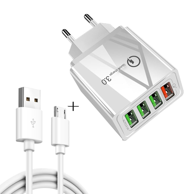 Câble de données USB vers micro USB 2 en 1 de 1 m + 30 W QC 3.0 4 interfaces USB pour téléphone portable, tablette PC, chargeur rapide universel, chargeur de voyage, prise UE (blanc)