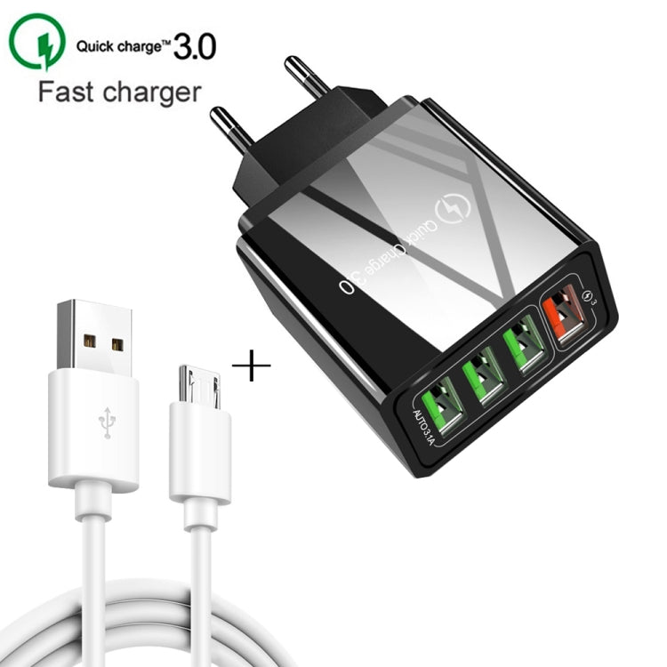 2 in 1 1m USB to Micro USB Data Cable + 30W QC 3.0 4 USB Interfaces Mobile Phone Tablet PC Universal Fast Charger Travel Charger Set EU Plug (White)