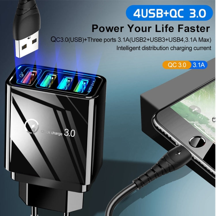 2 en 1 1m Cable de Datos USB a Micro USB + 30W QC 3.0 4 Interfaces USB Teléfono Móvil Tablet PC Cargador Rápido Universal Juego de Cargador de Viaje Enchufe de la UE (Blanco)