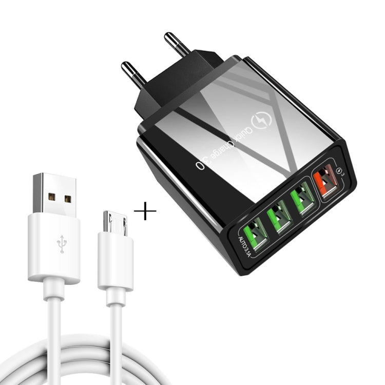 2 in 1 1m USB to Micro USB Data Cable + 30W QC 3.0 4 USB Interfaces Mobile Phone Tablet PC Universal Fast Charger Travel Charger Set EU Plug (Black)
