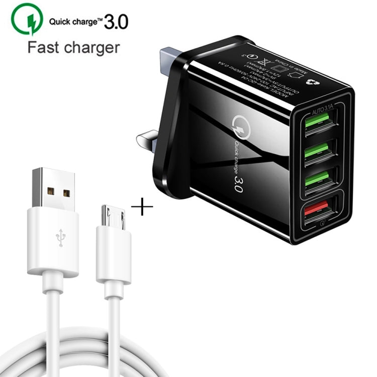 Câble de données USB vers micro USB 2 en 1 de 1 m + 30 W QC 3.0 4 interfaces USB pour téléphone portable, tablette PC, chargeur rapide universel, chargeur de voyage, prise britannique (blanc)
