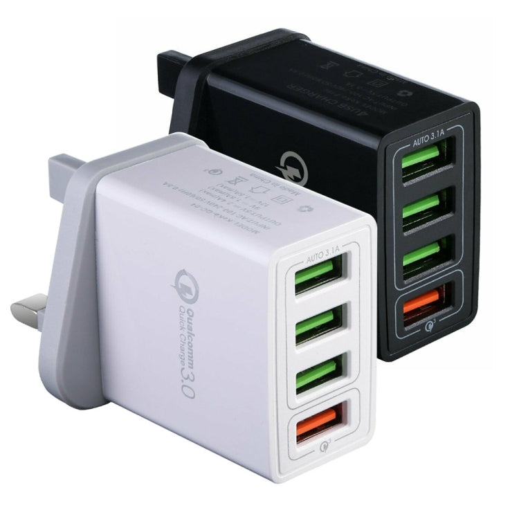 Câble de données USB vers micro USB 2 en 1 de 1 m + 30 W QC 3.0 4 interfaces USB pour téléphone portable, tablette PC, chargeur rapide universel, chargeur de voyage, prise britannique (blanc)