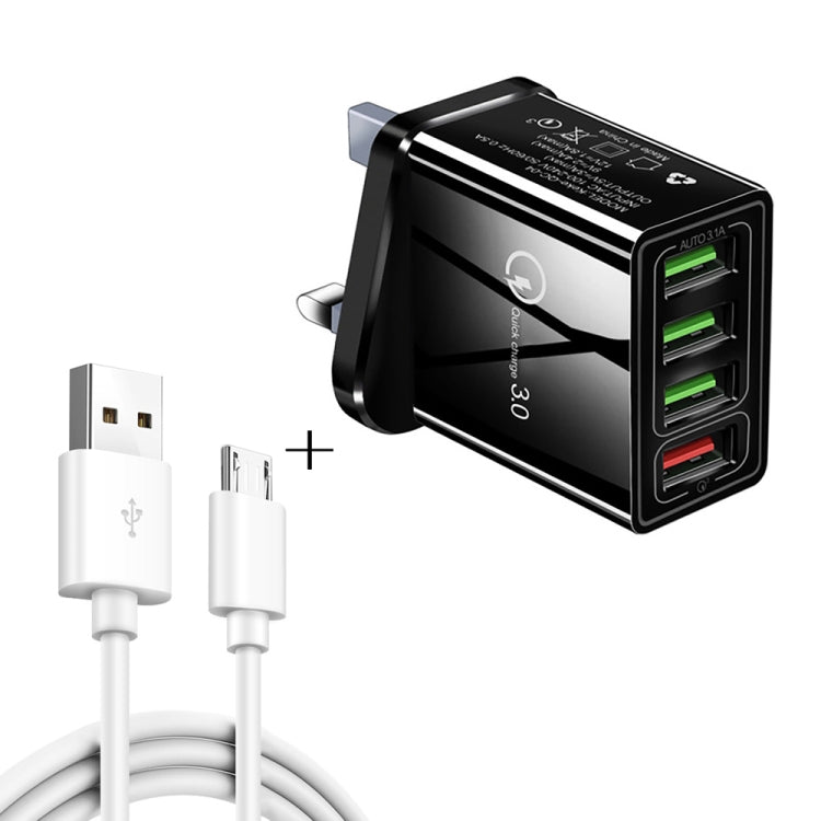 Câble de données USB vers micro USB 2 en 1 de 1 m + 30 W QC 3.0 4 interfaces USB pour téléphone portable, tablette PC, chargeur rapide universel, chargeur de voyage, prise britannique (noir)