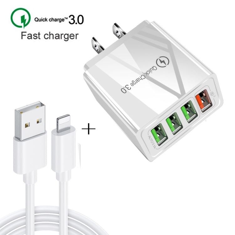 2 in 1 1m USB Data Cable to 8 Pin + 30W QC 3.0 4 USB Interfaces Mobile Phone Tablet PC Universal Fast Charger Travel Charger Set US Plug (White)