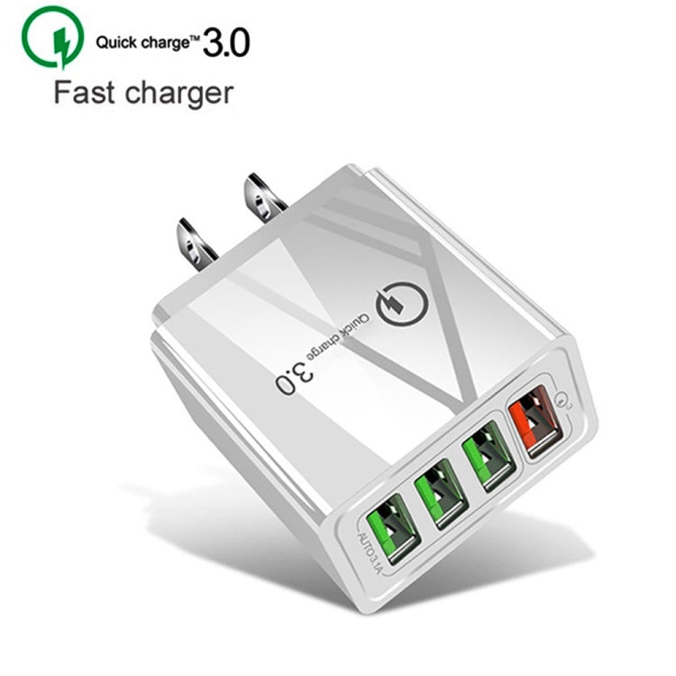 2 in 1 1m USB Data Cable to 8 Pin + 30W QC 3.0 4 USB Interfaces Mobile Phone Tablet PC Universal Fast Charger Travel Charger Set US Plug (White)