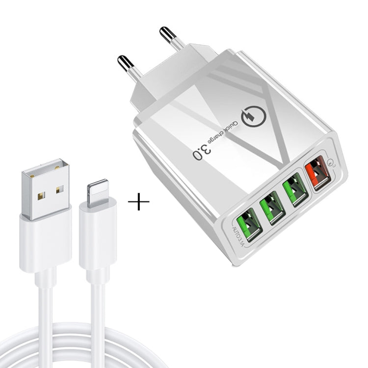 2 in 1 Data Cable 1m USB to 8 Pin + 30W QC 3.0 4 USB interfaces Mobile Phone Tablet PC Universal Fast Charger Travel Charger Set EU Plug