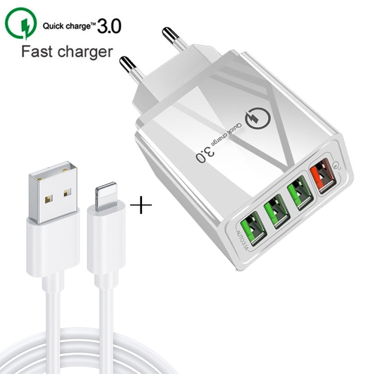 2 in 1 Data Cable 1m USB to 8 Pin + 30W QC 3.0 4 USB interfaces Mobile Phone Tablet PC Universal Fast Charger Travel Charger Set EU Plug