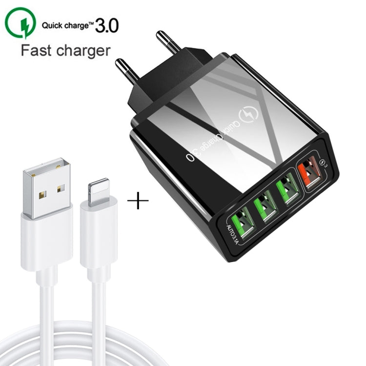 2 in 1 Data Cable 1m USB to 8 Pin + 30W QC 3.0 4 USB interfaces Mobile Phone Tablet PC Universal Fast Charger Travel Charger EU Plug