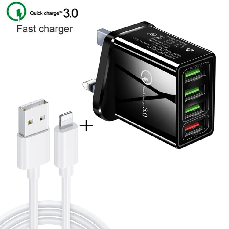 2 in 1 Data Cable 1m USB to 8 Pin + 30W QC 3.0 4 USB Interfaces Mobile Phone Tablet PC Universal Fast Charger Travel Charger Set UK Plug (Black)