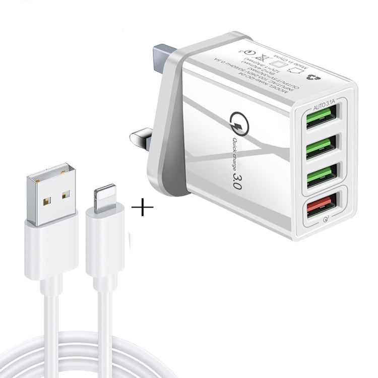 Câble de données 2 en 1 1 m USB vers 8 broches + 30 W QC 3.0 4 interfaces USB pour téléphone portable, tablette PC, chargeur rapide universel, chargeur de voyage, prise britannique (blanc)