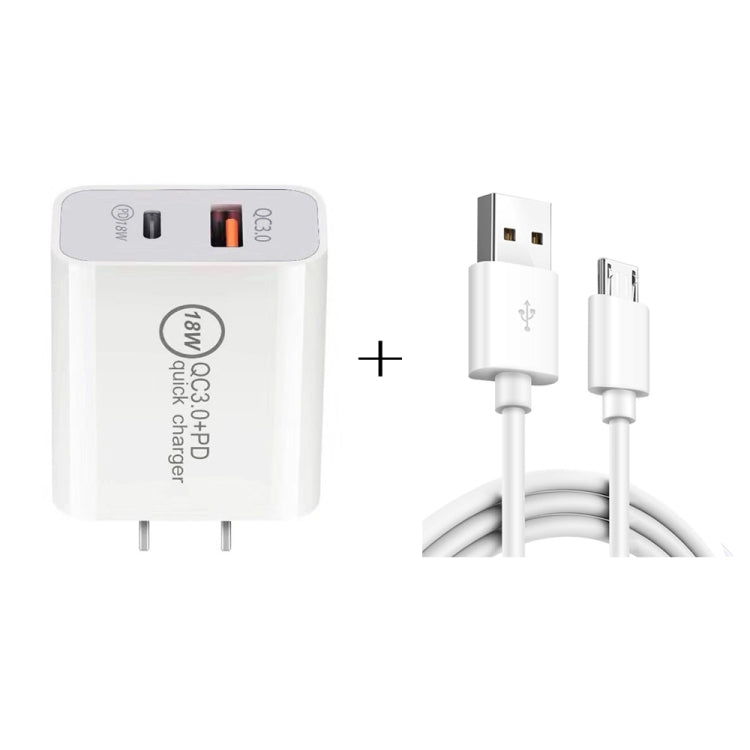 SDC-18W 18W PD + QC 3.0 USB double chargeur de voyage universel à charge rapide avec câble de données à charge rapide Micro USB prise américaine