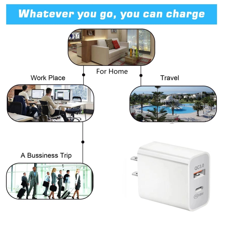 SDC-18W 18W PD + QC 3.0 USB Dual Fast Charging Universal Travel Charger with Micro USB Fast Charging Data Cable US Plug