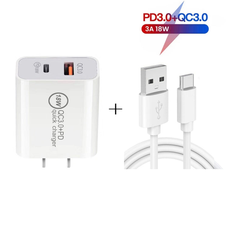 SDC-18W 18W PD 3.0 Type-C / USB-C + QC 3.0 USB Dual Fast Charging Universal Travel Charger with USB to Type-C / USB-C Fast Charging Data Cable US Plug