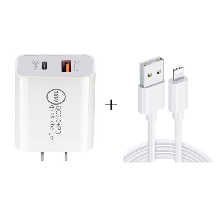 SDC-18W 18W PD 3.0 Type-C / USB-C + QC 3.0 Dual USB Fast Charging Universal Travel Charger with USB to 8 Pin Fast Charging Data Cable US Plug