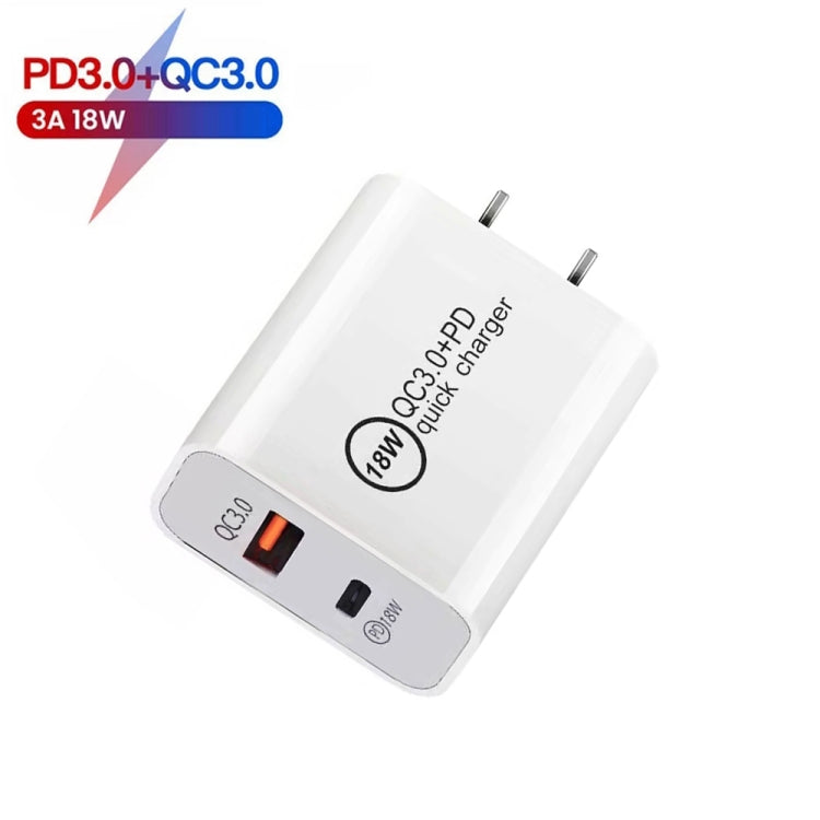 SDC-18W 18W PD 3.0 Type-C / USB-C + QC 3.0 Chargeur de voyage universel à charge rapide double USB avec câble de données de charge rapide USB à 8 broches Prise US
