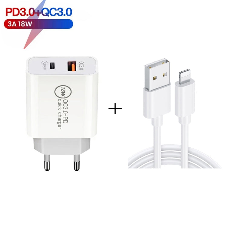SDC-18W 18W PD 3.0 Type-C / USB-C + QC 3.0 Dual USB Fast Charging Universal Travel Charger with USB to 8Pin Fast Charging Data Cable EU Plug