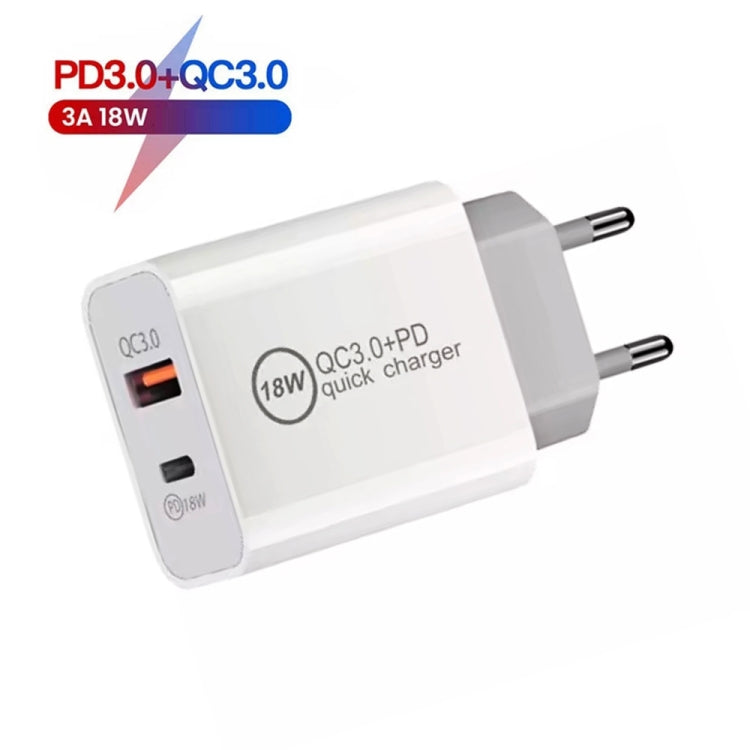 SDC-18W 18W PD 3.0 Type-C / USB-C + QC 3.0 Cargador de Viaje Universal de Carga Rápida Dual USB con Cable de Datos de Carga Rápida de USB a 8 Pines Enchufe de la UE