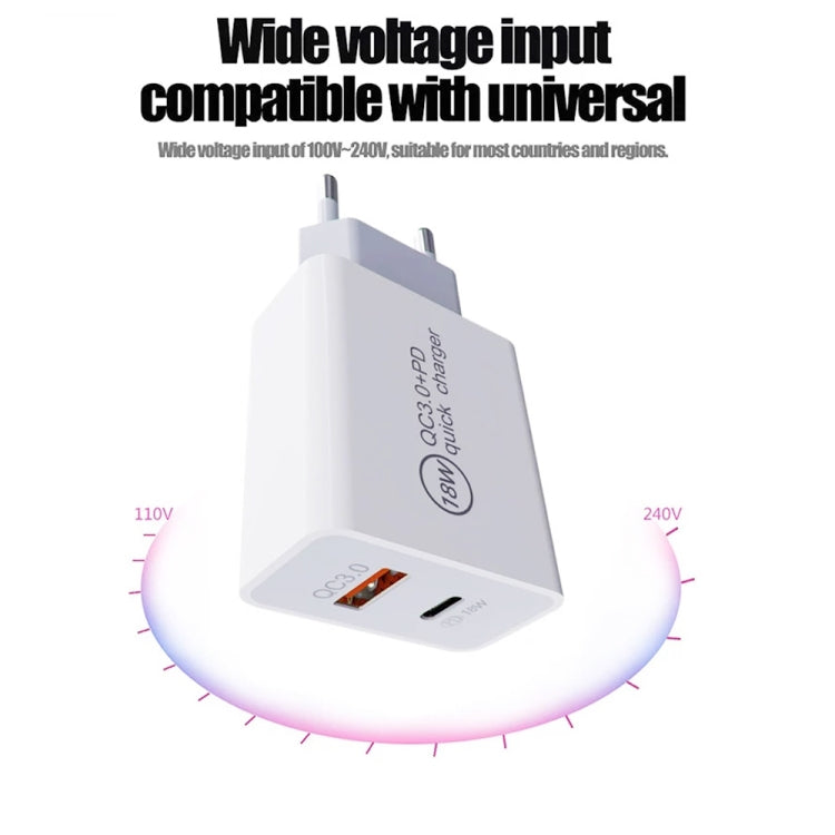 SDC-18W 18W PD 3.0 Type-C / USB-C + QC 3.0 Dual USB Fast Charging Universal Travel Charger with USB to 8Pin Fast Charging Data Cable EU Plug
