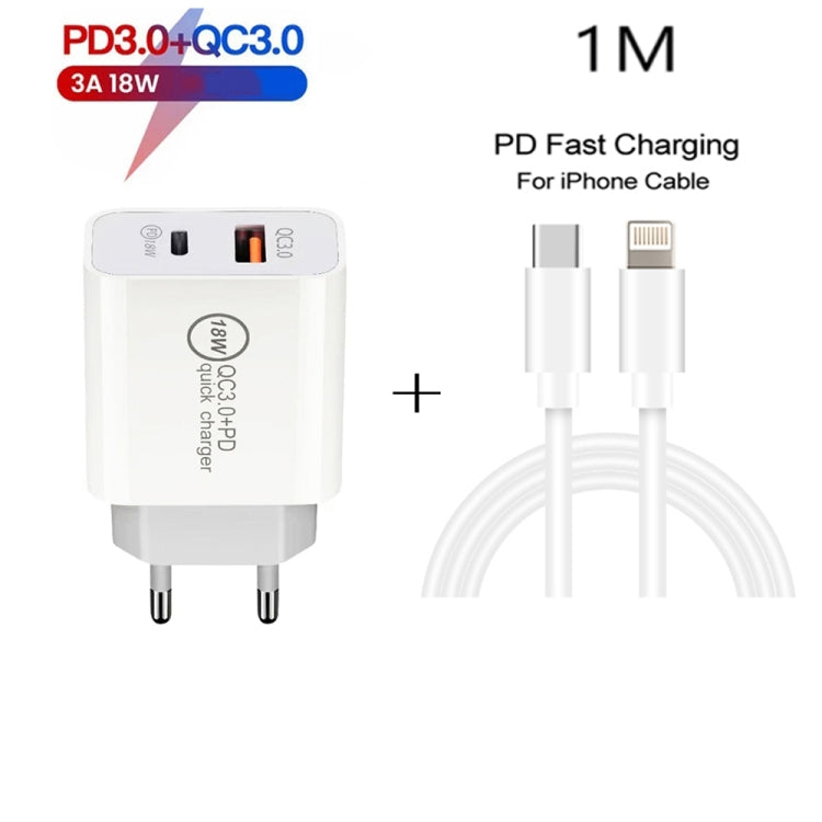 SDC-18W 18W PD 3.0 Type-C / USB-C + QC 3.0 Chargeur de voyage universel à charge rapide double USB avec câble de données à charge rapide Type-C / USB-C à 8 broches Prise UE