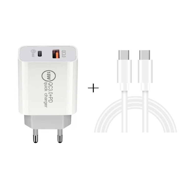 SDC-18W 18W PD 3.0 Type-C / USB-C + QC 3.0 Dual USB Fast Charging Universal Travel Charger with Fast Charging Data Cable Type-C / USB-C to Type-C / USB-C Power Plug EU