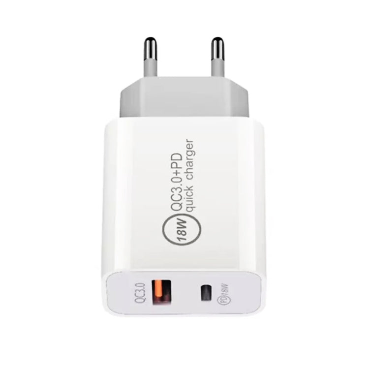 SDC-18W 18W PD 3.0 Type-C / USB-C + QC 3.0 Dual USB Fast Charging Universal Travel Charger with Fast Charging Data Cable Type-C / USB-C to Type-C / USB-C Power Plug EU