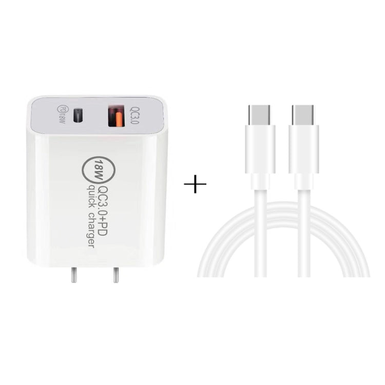 SDC-18W 18W PD 3.0 Type-C / USB-C + QC 3.0 Dual USB Fast Charging Universal Travel Charger with Fast Charging Data Cable Type-C / USB-C to Type-C / USB-C US Plug