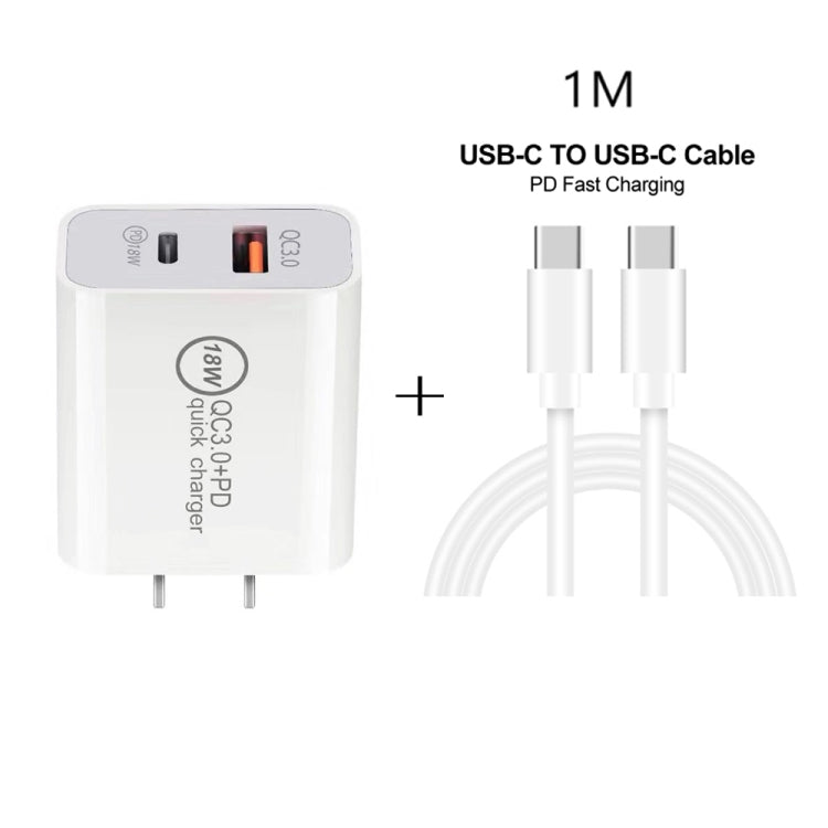 SDC-18W 18W PD 3.0 Type-C / USB-C + QC 3.0 Chargeur de voyage universel à charge rapide double USB avec câble de données à charge rapide Type-C / USB-C vers Type-C / USB-C Prise US