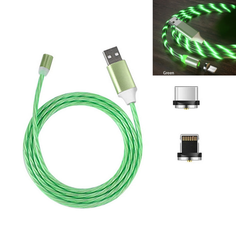 2 in 1 USB to 8 Pin + Type-C / USB-C Magnetic Absorption Mobile Phone Charging Cable Streamer Colorful Length: 1m (Green Light)