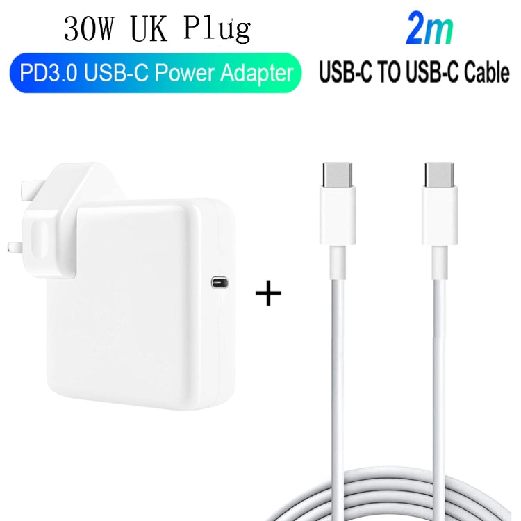 2 en 1 PD 30W USB-C/Type-C + 3A PD 3.0 USB-C/Type-C vers USB-C/Type-C Jeu de câbles de données à charge rapide Longueur du câble : 2 m Prise britannique
