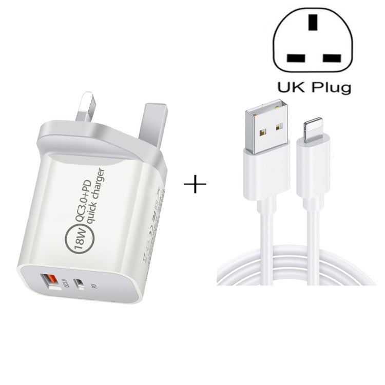 SDC-18W 18W PD 3.0 + QC 3.0 USB Dual FAST CHARGING TRAVEL CHARGE WITH USB to 8 pin Quick Charge Data Cable UK Plug
