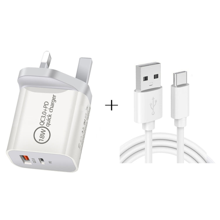SDC-18W 18W PD 3.0 + QC 3.0 Dual USB Fast Charging Universal Travel Charger with USB to Type-C/USB-C Quick Charge Data Cable UK Plug
