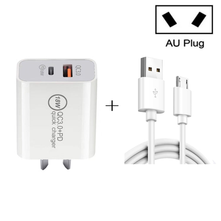 SDC-18W 18W PD + QC 3.0 Chargeur de voyage universel à double charge rapide USB avec câble de données à charge rapide USB vers Micro USB Prise AU