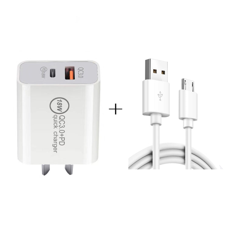 SDC-18W 18W PD + QC 3.0 Chargeur de voyage universel à double charge rapide USB avec câble de données à charge rapide USB vers Micro USB Prise AU
