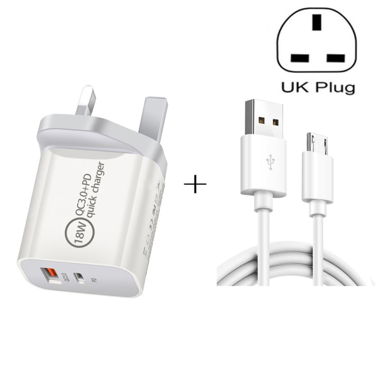SDC-18W 18W PD + QC 3.0 Chargeur de voyage universel à charge rapide double USB avec câble de données à charge rapide USB vers micro USB Prise britannique