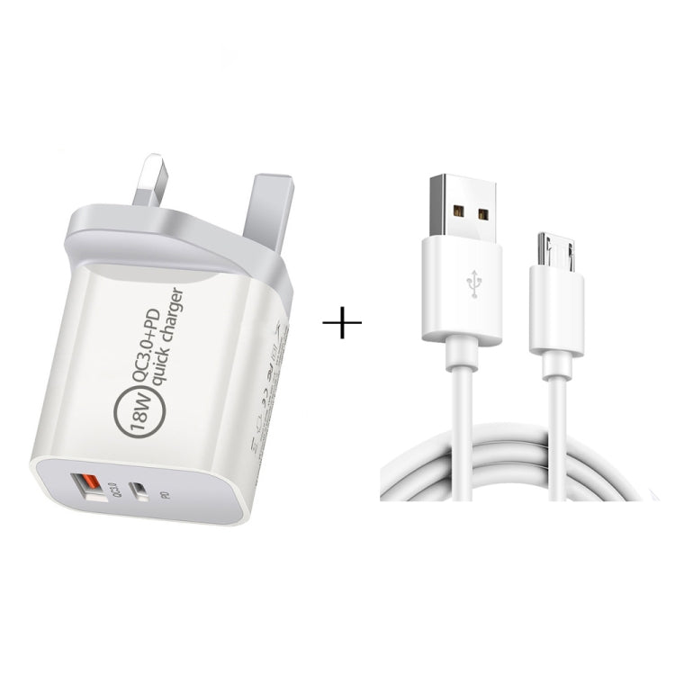 SDC-18W 18W PD+QC 3.0 Dual USB Fast Charging Universal Travel Charger with USB to Micro USB Fast Charging Data Cable UK Plug