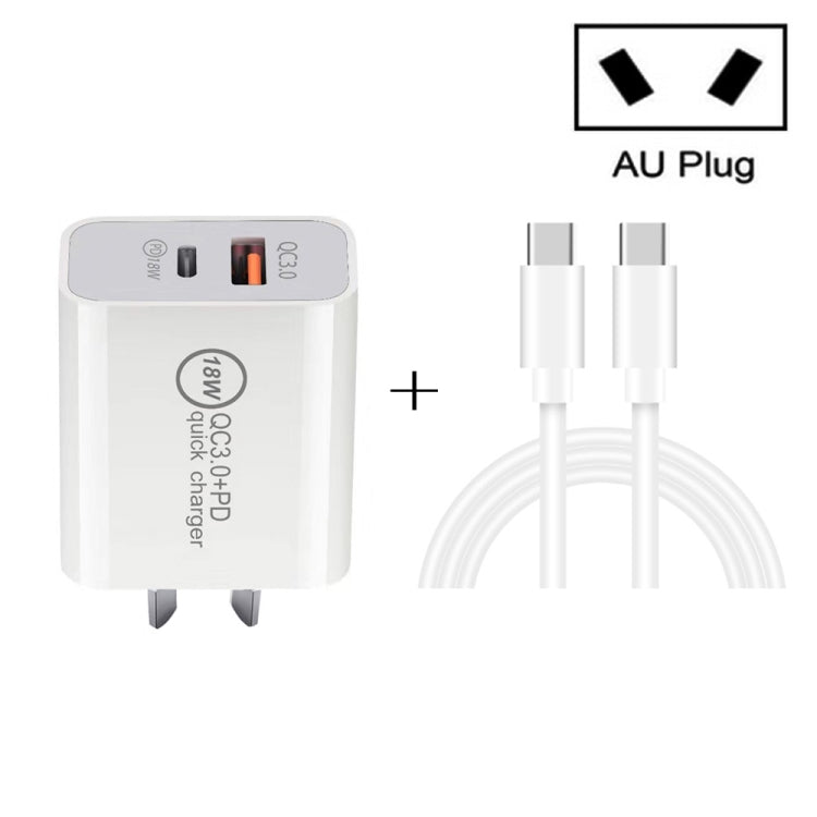 SDC-18W 18W PD 3.0 + QC 3.0 USB Chargeur de voyage universel à double charge rapide avec Type-C / USB-C vers Type-C / USB-C Câble de données à charge rapide Prise AU