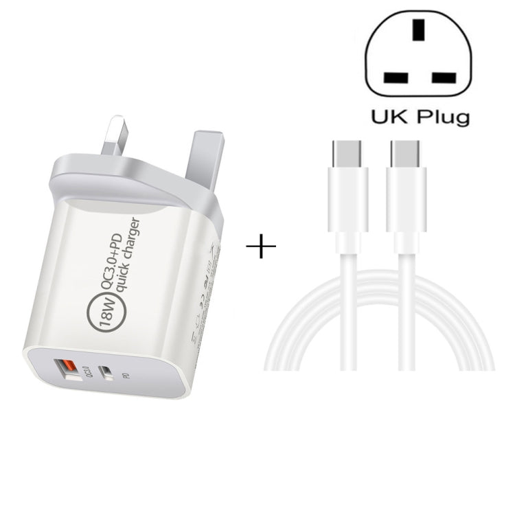 SDC-18W 18W PD 3.0 + QC 3.0 Double Port USB Chargeur de Voyage Universel à Charge Rapide avec Type-C/USB-C vers Type-C/USB-C Câble de Données à Charge Rapide Prise UK