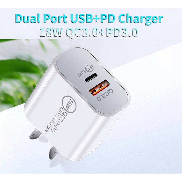SDC-18W 18W PD + QC 3.0 USB Dual Puerto Fast Charger Universal Travel Targer con Cable de Datos de Carga Rápida Tipo C / USB-C a 8 pin Enchufe de AU