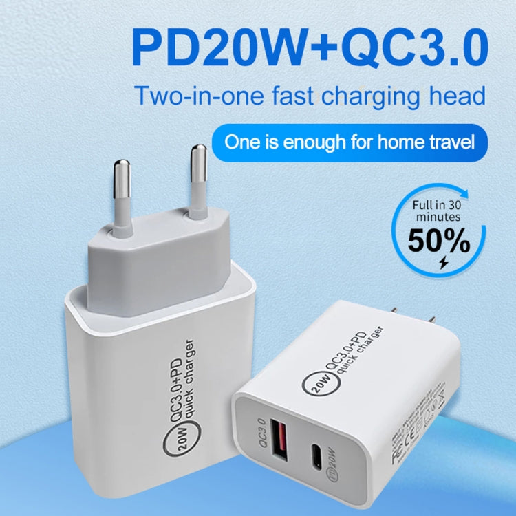 20W PD Type-C + QC 3.0 USB Interface Quick Charge Travel Charger with USB to Type-C Fast Charging Cable Cord EU Plug